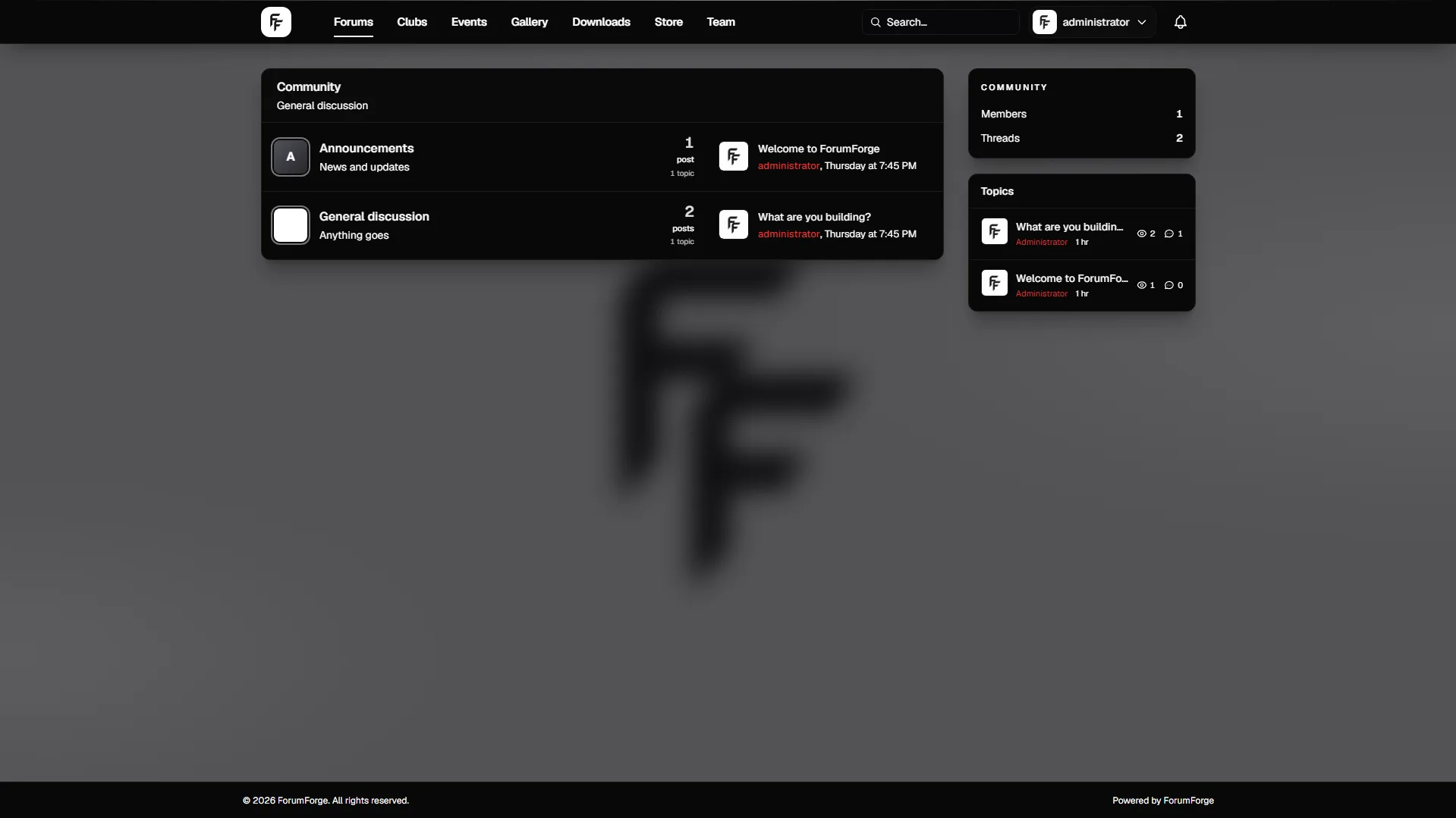 ForumForge community forum with categories, discussions, and member sidebar